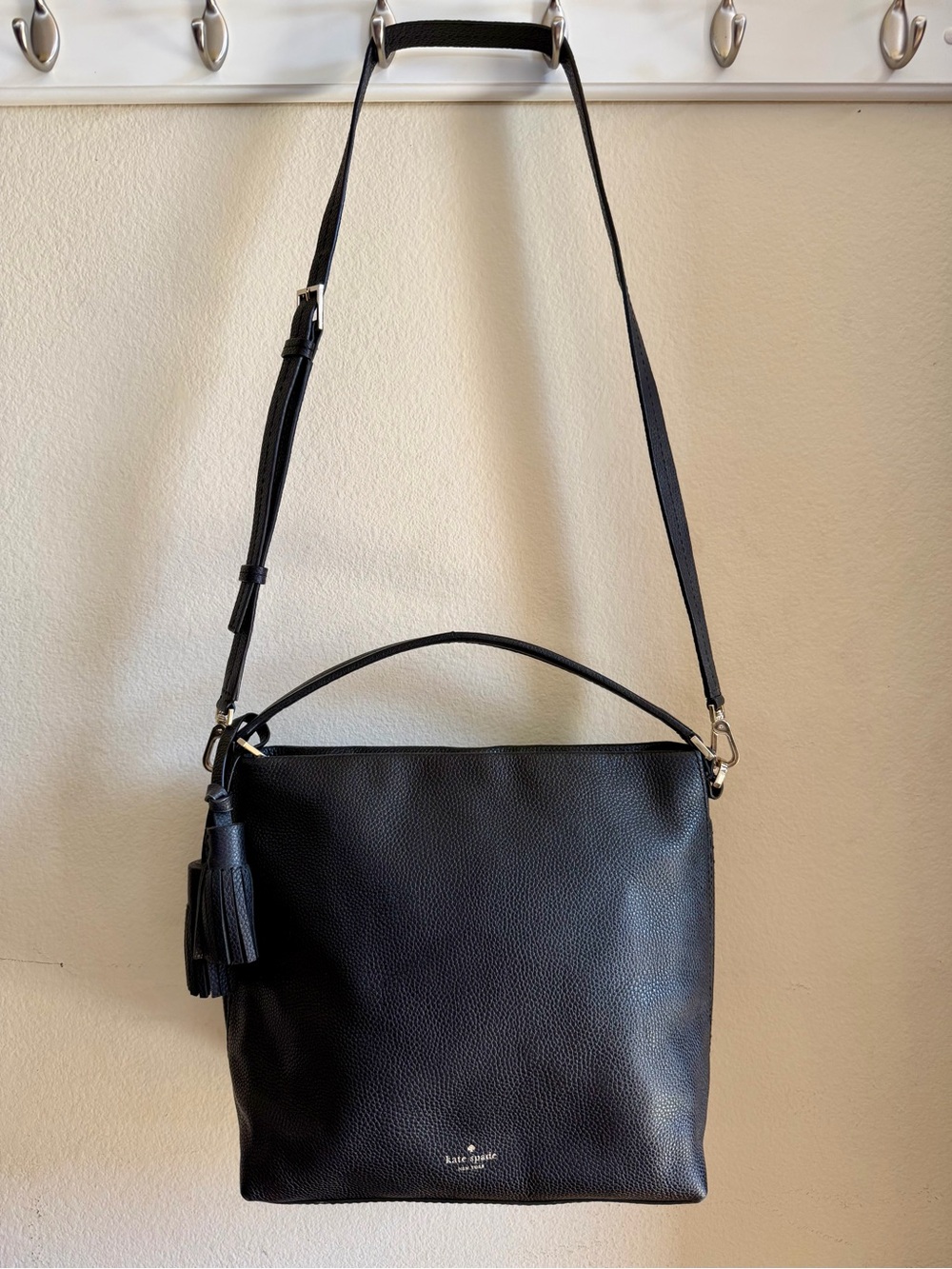 Kate Spade Black Pebbled Leather Hobo Shoulder Crossbody Bag with Tassel